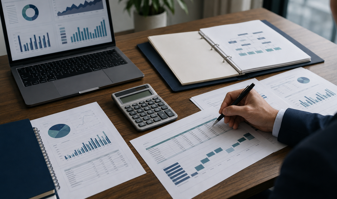 Analyst reviewing a forex broker business plan and financial projections