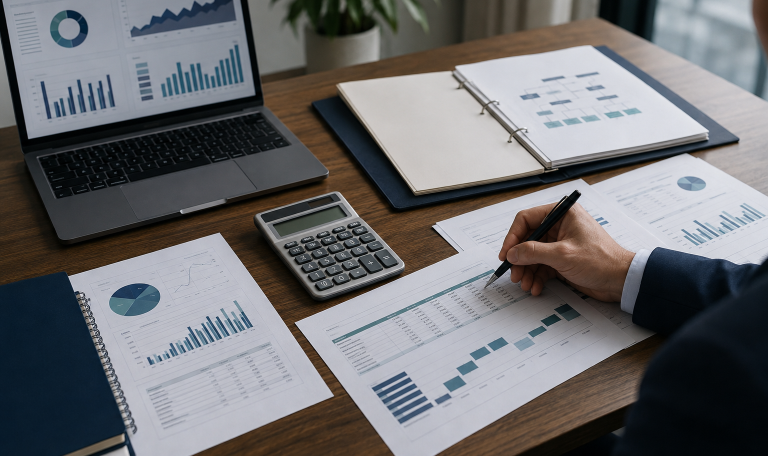 Analyst reviewing a forex broker business plan and financial projections