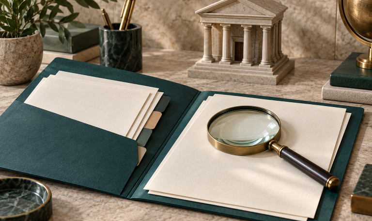 银行开户材料与尽调复核概念图 / Bank application evidence and due diligence review